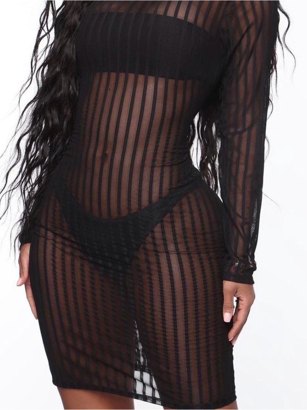 Fashion Nova Black Sheer Striped Long Sleeve Swim Coverup